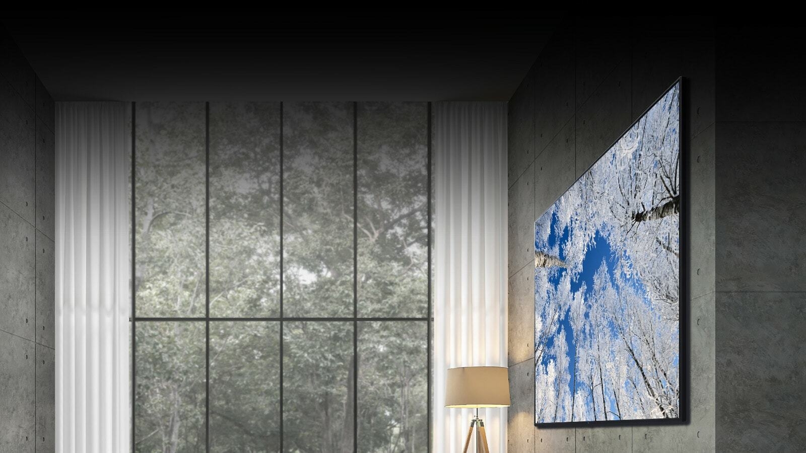 La caméra passe d’un gros plan de la partie supérieure du téléviseur à un gros plan de la partie avant du téléviseur. L’écran du téléviseur montre une aurore verte. La caméra fait un zoom arrière pour montrer un très grand salon. Le salon est gris dans l’ensemble et on voit une forêt à travers la fenêtre à l’extérieur.