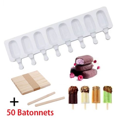 Moule à glace 8 cavités en Silicone + 50 bâtonnets à glace en bois
 Fiche Technique et Prix au Maroc