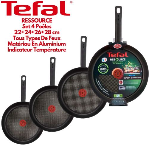 Tefal RESSOURCE Set Poêle 4 Pièces 22+24+26+28 cm En Aluminium Tous Types De Feux INDUCTION
 Fiche Technique et Prix au Maroc