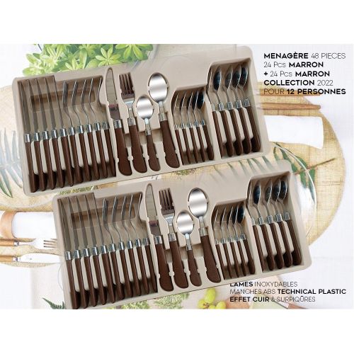 Ultra Design Ménagère INOX 48Pcs - Manche Effet Cuir + Surpiqûres -Marron/Marron
 Fiche Technique et Prix au Maroc