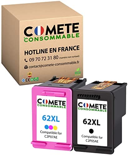 COMETE 62 XL Pack 2 Cartouches d'encre Compatibles pour HP 62 XL 62XL (C2P05AE + C2P07AE) Encre Noir + Couleur pour Imprimantes HP Envy 5540 5640 5642 5644 5646 7640 7645 OfficeJet 5740 5742 5744Avis,  Fiche Technique et Prix au Maroc