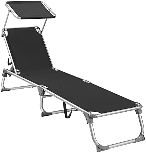SONGMICS Bain de Soleil, Chaise Longue Pliable, Transat, 193 x 55 x 31 cm, Capacité de Charge 150 kg, avec Pare-Soleil et Dossier Inclinable, pour Jardin, Piscine, Terrasse, Noir GCB019B01Avis,  Fiche Technique et Prix au Maroc