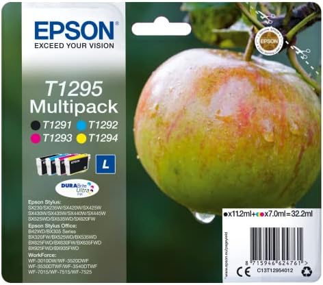 Epson Multipack T1295 Pomme, Cartouches d'encre d'origine, 4 couleurs : Noir, Cyan, Magenta, Jaune, WF-3010DW WF-3520DWF WF-7015 WF-7525 BX305F BX310FN BX320FW B42WD BX535WD BX630FW BX925FWD BX935FWDAvis,  Fiche Technique et Prix au Maroc