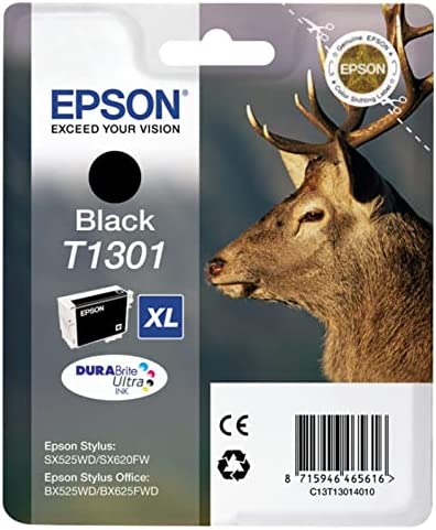 Epson T1301 Cerf Noir, Cartouches d'encre d'origine XL Haute capacité, WF-3010DW WF-3520DWF WF-3530DTWF WF-3540DTWF WF-7015 WF-7515 WF-7525 BX525WD BX535WD BX625FWD BX630FW BX635FWD SX525WD SX535WDAvis,  Fiche Technique et Prix au Maroc