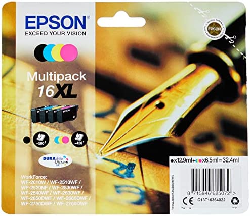 Epson Multipack 16XL Stylo Plume, Cartouches d'encre d'origine XL Haute capacité, 4 couleurs: Noir, Cyan, Magenta, Jaune, WF-2010W WF-2520NF WF-2530WF WF-2540WF WF-2630WF WF-2650DWF WF-2750DWFAvis,  Fiche Technique et Prix au Maroc