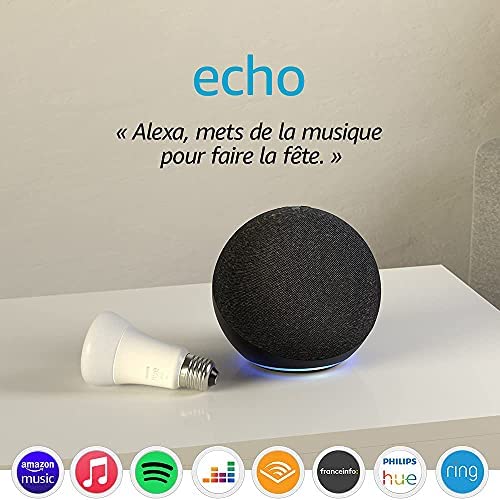 Echo (4e génération), Avec son premium, Anthracite + Ampoule Connectée Philips Hue (E27), Fonctionne avec Alexa Avis, Fiche Technique et Prix au Maroc