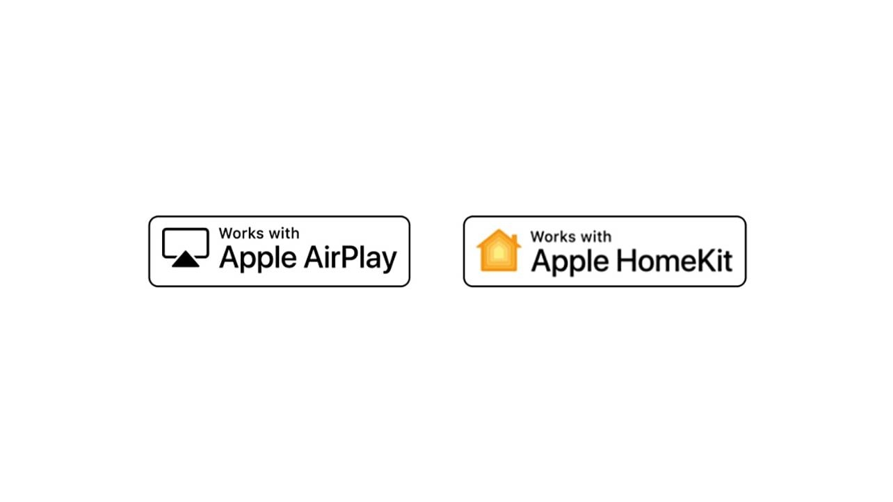Détails montrant les logos de Hey Google, alexa, Apple Airplay et Apple HomeKit avec lesquels ThinQ AI est compatible.