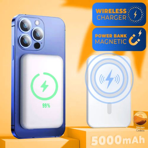 Magsafe Powerbank puissance sans fil magnétique Batterie 5000 Mah portable pour iphone sticker
 Fiche Technique et Prix au Maroc