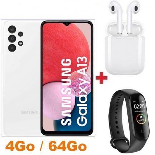 Samsung Galaxy A13 6.6" LTE 4GB RAM + 64GB ROM 50 Mpx - Blanc + Écouteur + Smart Watch
 Fiche Technique et Prix au Maroc