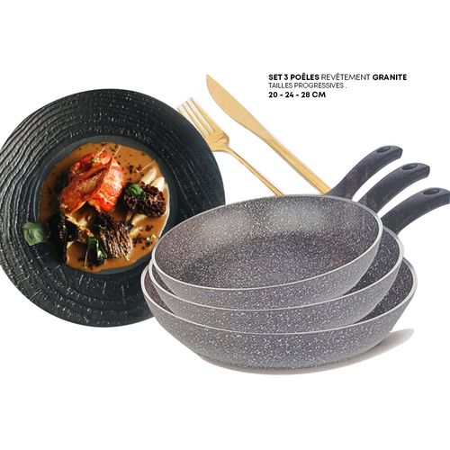 Set 3 Poêles en Granite, Tailles Progressives 20-24-28CM, Antiadhésives Robustes
 Fiche Technique et Prix au Maroc