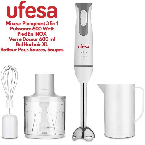 Ufesa ACTIVA BP4552 Mixeur Plongeant En INOX 3 en 1 Verre Doseur 600 ml+Hachoir XL+Batteur Pour Sauces
 Fiche Technique et Prix au Maroc