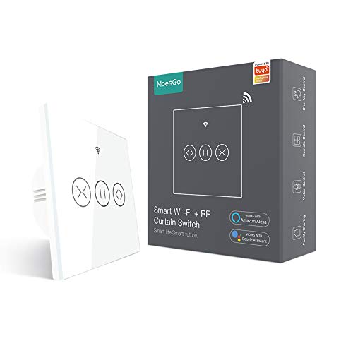 MoesGo WiFi Interrupteur Volets Roulants Connecté, RF433 Ouverture Réglable Sans Fil Commutateur Intelligent Mural Pour Rideau Stores Compatible avec les applis Smart Life Tuya, Alexa et Google Home Fiche Technique et Prix au Maroc