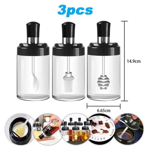 3pcs Bouteilles à condiments en verre, Kit d'épices de cuisine, boîte pots d'assaisonnement, brosse à huile, miel
 Fiche Technique et Prix au Maroc