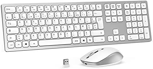 Ensemble Clavier et Souris sans Fil Rechargeables, Clavier AZERTY en Taille Pleine, 2,4GHz USB, Souris Silencieux pour Windows, Ordinateur Portable/Ordinateur de Bureau/PC, Argent et Blanc Fiche Technique et Prix au Maroc