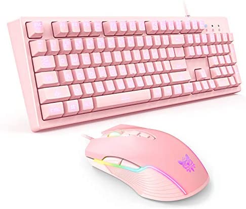 AJIJAR Ensemble de Clavier et Souris Filaire Rose, Clavier de Jeu rétroéclairé à LED 3 Couleurs avec Souris RVB 6400 DPI Compatible avec PC/Ordinateur portable/Win7/Win8/Win10 Fiche Technique et Prix au Maroc