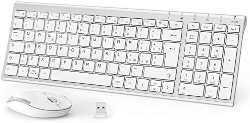 iClever Clavier et souris sans fil - Clavier et souris portables sans fil 2,4 G, batterie rechargeable design ergonomique dimensions régulières mince connexion stable DPI réglable (argent et blanc) Fiche Technique et Prix au Maroc