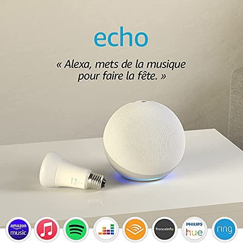 Echo (4e génération), Avec son premium, Blanc + Ampoule Connectée Philips Hue (E27), Fonctionne avec Alexa Fiche Technique et Prix au Maroc