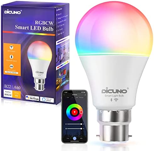 DiCUNO Ampoule Connectée LED, Ampoule WiFi LED Intelligente B22 Compatible avec Alexa et Google Home, Baïonnette 9W Dimmable Multicouleur 2700K-5000K RGBCW, 800LM, Sans Hub Requis, Lot de 1 Fiche Technique et Prix au Maroc