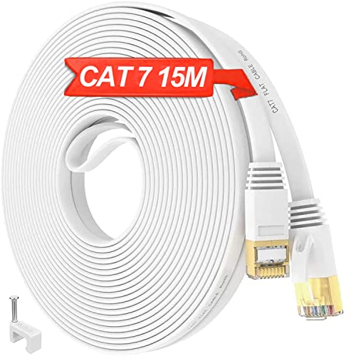 Câble Ethernet 15M Cat 7 Cable RJ45 15M Blindé Câble Réseau Plat Haut Débit S/FTP Gigabit Câble Anti-brouillage Exterieur Résistant aux Intempéries, Plus Rapide Que Cat6 Cat5 (15 Clips, 15 Mètres) Avis, Fiche Technique et Prix au Maroc