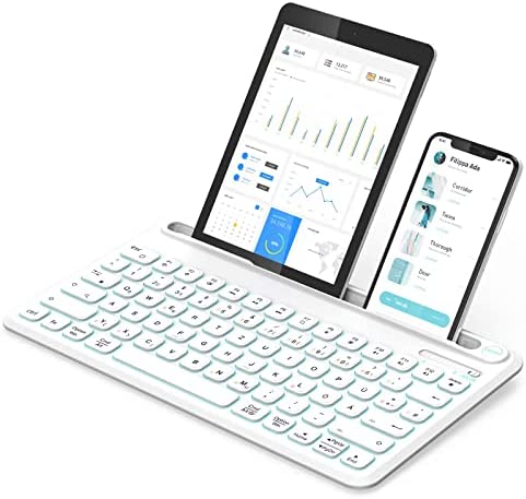 Doraby Clavier sans fil Bluetooth éclairé QWERTZ rechargeable sans fil avec 3 canaux pour PC/ordinateur portable/tablettes/téléphones portables, Windows/Android/iOS/Mac OS Blanc Fiche Technique et Prix au Maroc