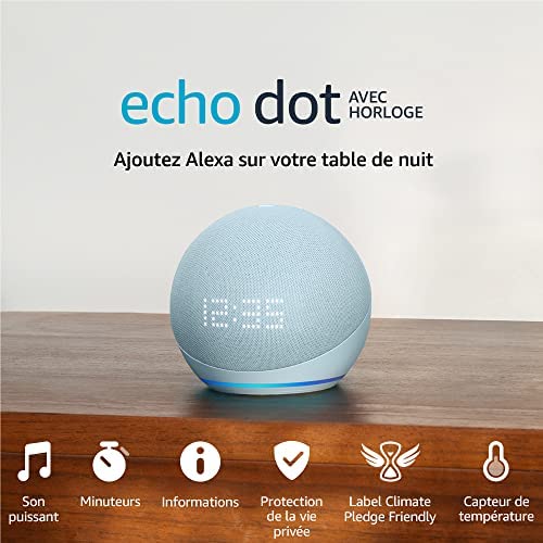 Echo Dot (5e génération, modèle 2022) avec horloge | Enceinte Bluetooth connectée avec horloge et Alexa | Bleu-gris Fiche Technique et Prix au Maroc
