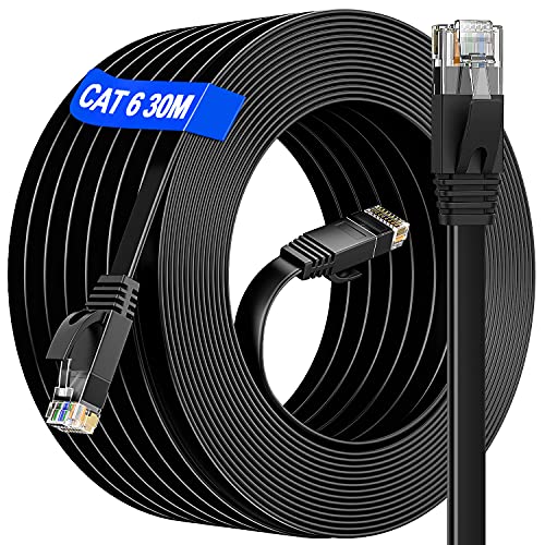 Câble Ethernet 30m, RJ45 30m Câble Ethernet Cat 6 exterieur intérieur imperméable Câble Internet Haut Débit Gigabit Plat Cat 6 30m, 30 Mètres Câble Réseau pour Switch Routeur Modem Smart TV (30 Clips) Avis, Fiche Technique et Prix au Maroc