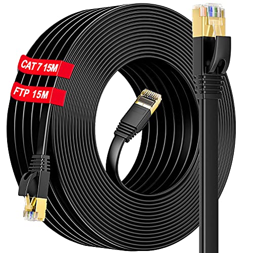 Cat 7 RJ45 15m Cable Ethernet Haut Débit Fibre 15M Plat Câble Ethernet 15m Extérieur Cable Reseau (15 Clips)- S/FTP Blindé Gigabit Anti-brouillage Aucune Perte Signal- Plus Rapide Que Cat6/Cat5 Avis, Fiche Technique et Prix au Maroc