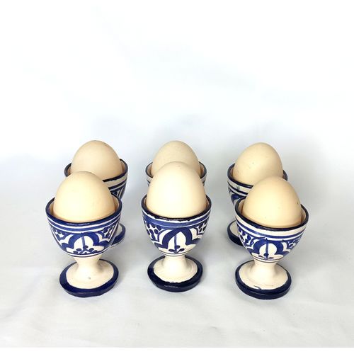 6 coquetiers en bleu/blanc en poterie
 Fiche Technique et Prix au Maroc