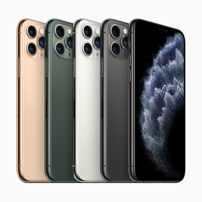 iPhone 11 Pro dans les finitions vert nuit, gris sidéral, argent et or.