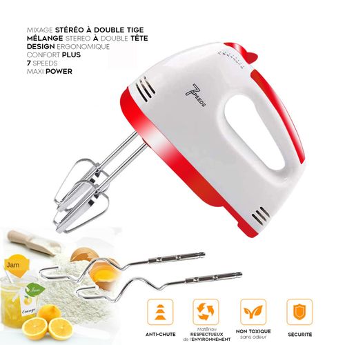 Batteur Mixeur Mélangeur Stéréo 7 Vitesses 2 Fouets et 2 Crochets à Pâte
 Fiche Technique et Prix au Maroc