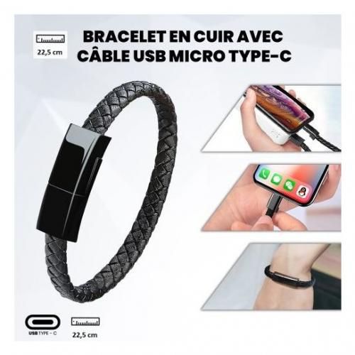 Bracelet Cuir et USB Type C Câble 22,5 cm Chargeur Cable Données
 Fiche Technique et Prix au Maroc