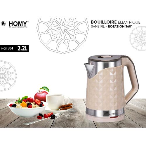 Homy Bouilloire Electrique Gd.Md 2.2L Design Diamant Corps INOX - Beige
 Fiche Technique et Prix au Maroc