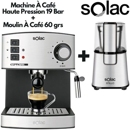 Solac Pack 2 En 1 Machine A Café Moulu En INOX Haute Pression 19 bar+Moulin A Café 60 grs En INOX
 Fiche Technique et Prix au Maroc