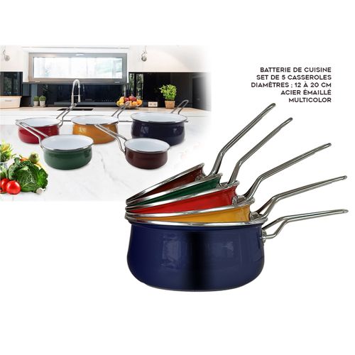 TATCH Série de 5 Casseroles en Acier Émaillé Multicouleurs Très Haute Qualité 12-20 CM
 Fiche Technique et Prix au Maroc