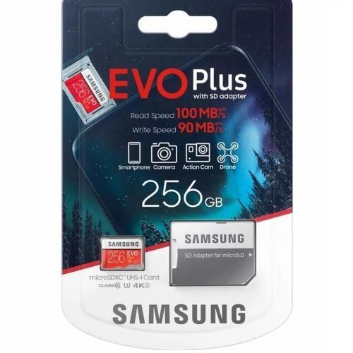 Samsung Evo Plus 256GB Micro SD Card SDXC UHS-I 100MB/s U3 4K avec adaptateur
 Fiche Technique et Prix au Maroc