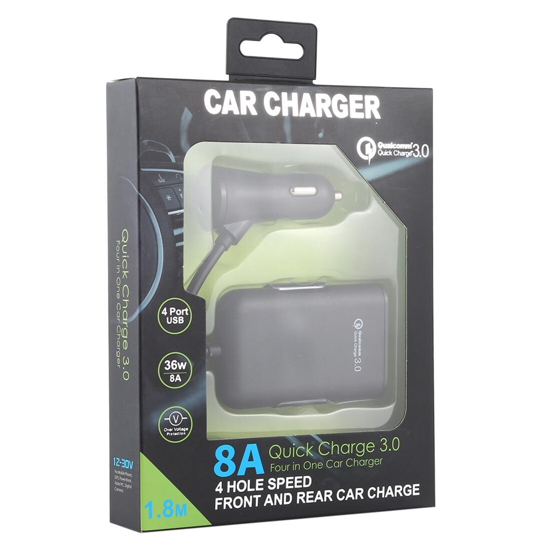 HMQ-C801 Chargeur de voiture USB 1,8 m 8A Max 4 ports avec concentrateur USB extensible pour le chargement des sièges avant et arrière (noir)