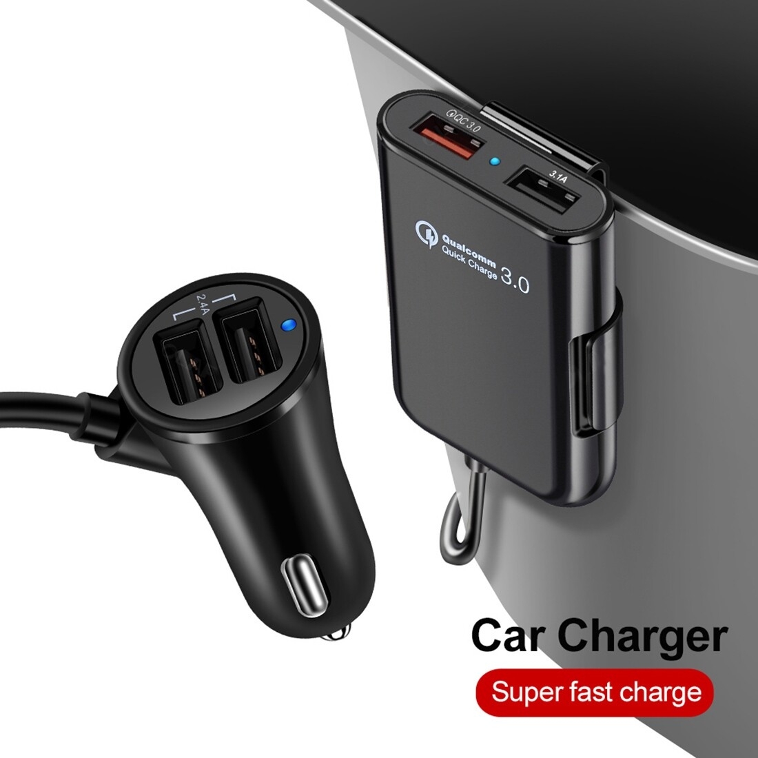 HMQ-C801 Chargeur de voiture USB 1,8 m 8A Max 4 ports avec concentrateur USB extensible pour le chargement des sièges avant et arrière (noir)