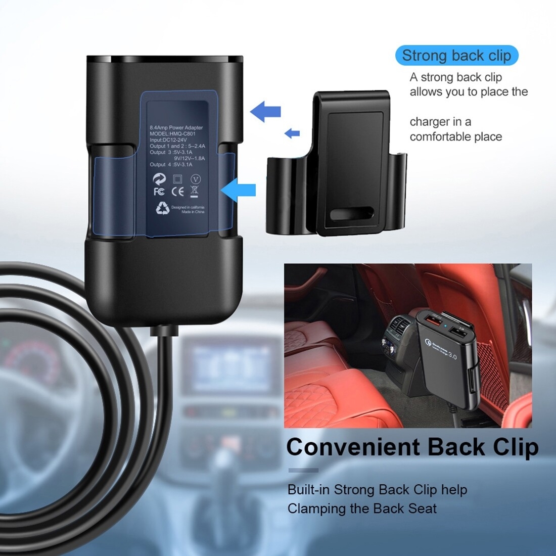 HMQ-C801 Chargeur de voiture USB 1,8 m 8A Max 4 ports avec concentrateur USB extensible pour le chargement des sièges avant et arrière (noir)