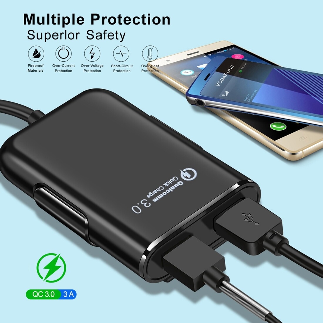 HMQ-C801 Chargeur de voiture USB 1,8 m 8A Max 4 ports avec concentrateur USB extensible pour le chargement des sièges avant et arrière (noir)