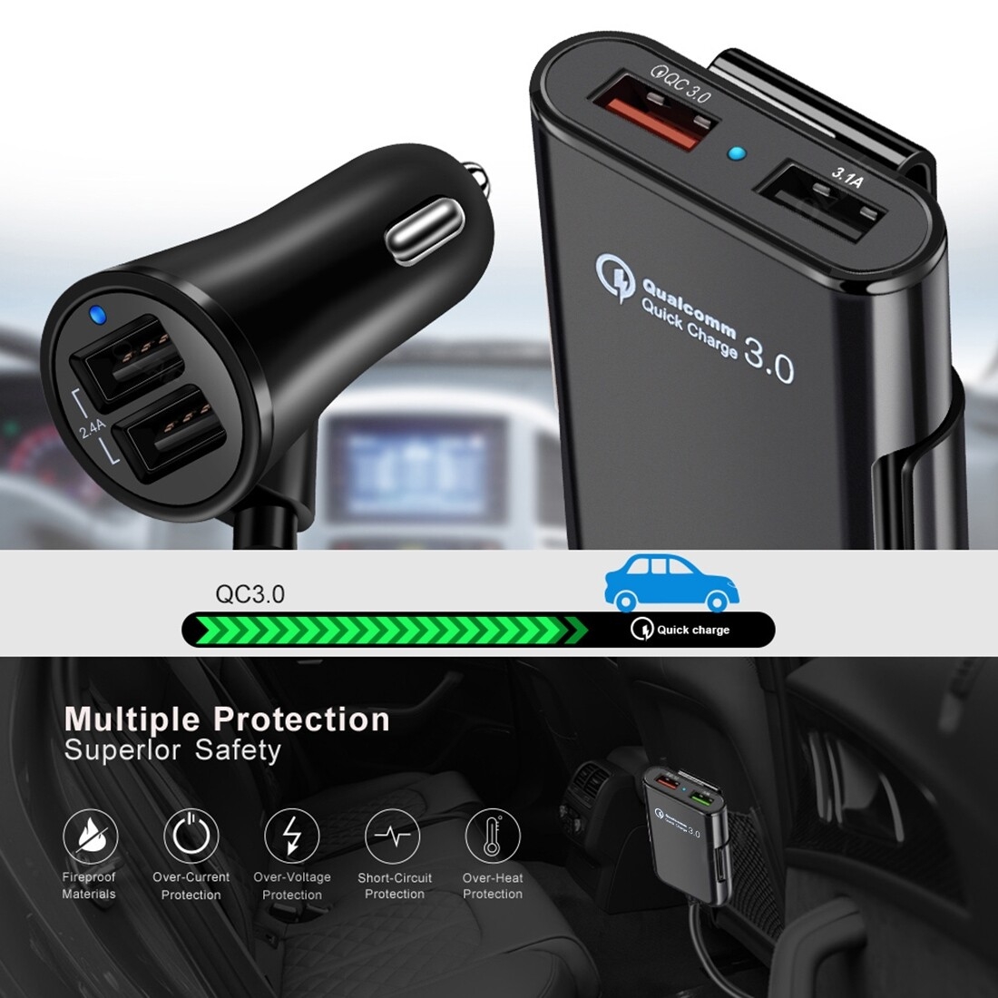 Chargeur Voiture 66W 6 Ports USB Avec Câble Extension 1,5 M – Charge Rapide Multi-appareils, Compatible USB-C