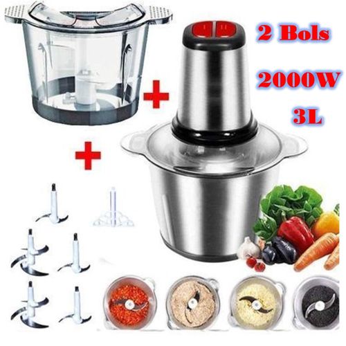 Cooking Hachoir 3L, 2 Bol Inox et Verre avec 5 Lames et batteur, 2000W
 Fiche Technique et Prix au Maroc