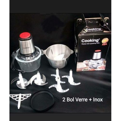 Cooking Hachoir Electrique 2 Bol Inox Et Verre Avec 5 Lames et batteur
 Fiche Technique et Prix au Maroc