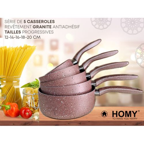 Homy Elégante Batterie de 5 Casseroles Top Granite Tailles Progressives Robuste Beige
 Fiche Technique et Prix au Maroc