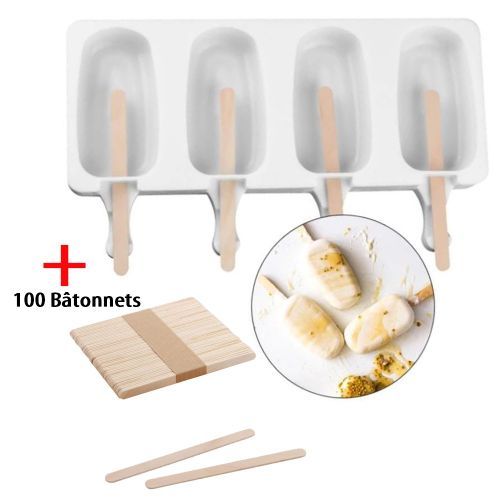 Moule à glace en Silicone 4 cavités + 100 bâtonnets à glace en bois
 Fiche Technique et Prix au Maroc