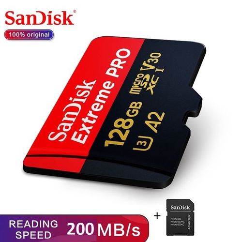 Sandisk Carte memoire microSDXC Extreme Pro 128GB jusqu'à 200 MB/s+Adaptateur SD Dronee A2 Classe10,U3,V30
 Fiche Technique et Prix au Maroc