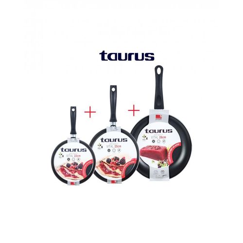 Taurus Lot 3 PCS Crêpières 25cm+Crêpières 22cm +poêles 26 cm rouge VITAL Anti-Adhésive
 Fiche Technique et Prix au Maroc