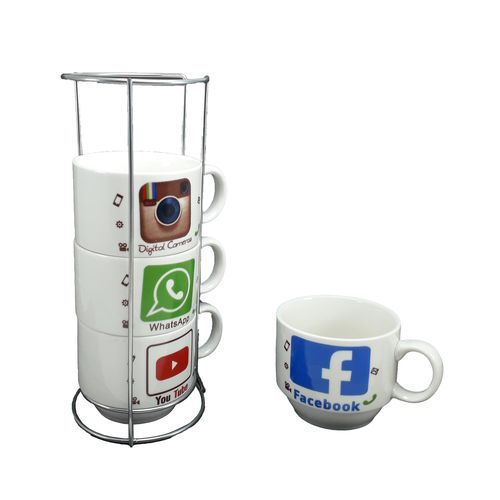 ensemble de 4 Tasses à Café + porte-gobelet métallique // Logo de facebook, youtube, whatsapp, instagram
 Fiche Technique et Prix au Maroc