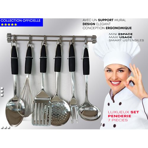Elégant Set de Penderie INOX 7 Pièces Ustensile Batterie Cuisine + Support Mural
 Fiche Technique et Prix au Maroc