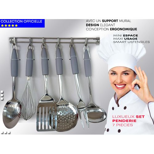 Elégant Set de Penderie INOX 7 Pièces Ustensile Batterie Cuisine + Support Mural
 Fiche Technique et Prix au Maroc