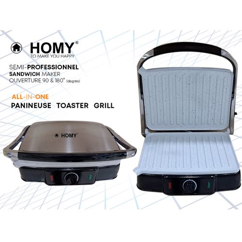 Homy Panini Grill Toast 3IN1 Turbo Granit 2200W Pro Antiadhésive Barbecue sans huile sans beurre
 Fiche Technique et Prix au Maroc